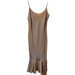 VTG 90s Newport News Silk Midi Slip Dress Soft Beige Mermaid Ruffle Sz 8 Neutral